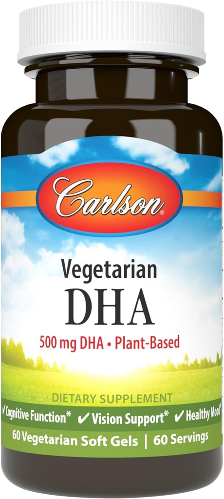 Carlson - Vejetaryen DHA, 500 mg DHA, Plant bazlı, Sustainably Algae, Beyin Desteği, Mood Health, 60 Softgels