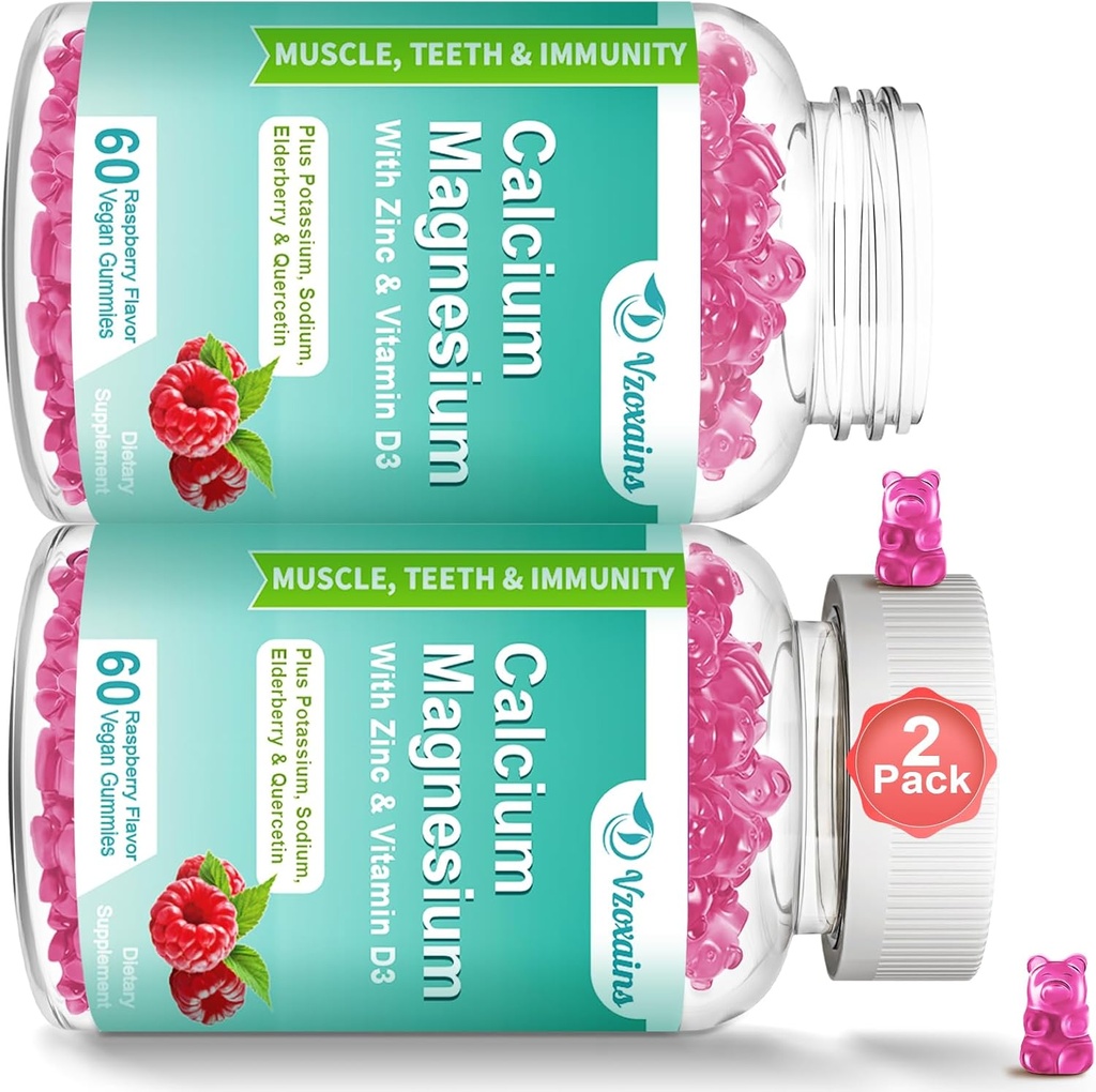 High Absorption Calcium Gummies, Calcium Magnesium Zinc with Magnesium Glycinate, Potassium, Vitamin D3 for Women & Men - Raspberry Flavored 120 Cts
