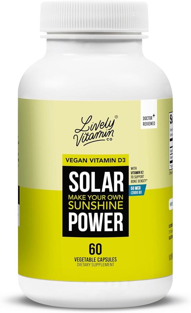 LIVELY VITAMIN CO. Solar Power Vitamin D3 2000 iu - Patentli Vitamin K - MK7 - Immune Balance - Beyin Fonksiyonu - Mood - Kalp - Stres - 60 Kont