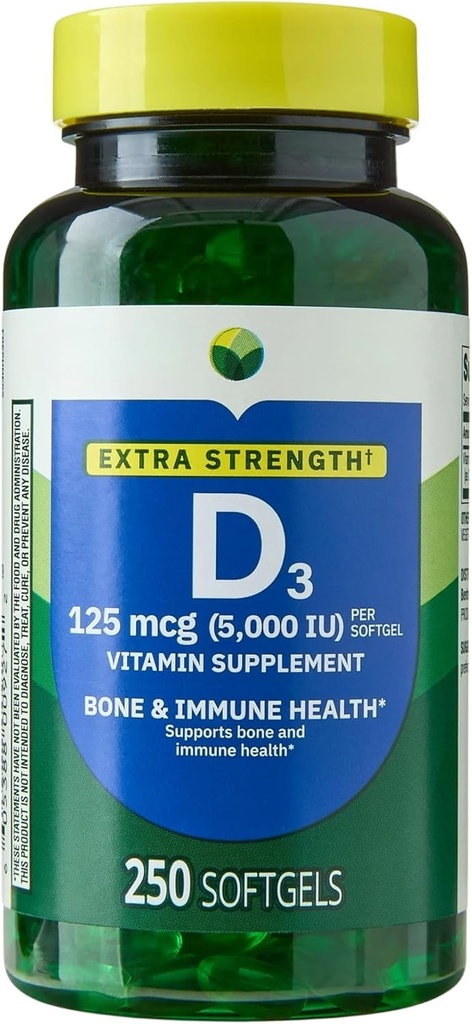 H4U Ekstra Güçlü Vitamin D3 5000 IU (125 mcg) Softgels | Destekler Bone, Teeth & Immune Health | High Potency Sunshine Vitamin | Easy-to-Sw Supplement | 250 Count