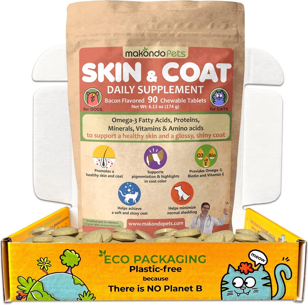 Köpekler ve Kediler için Fish Oil ve Omega 3 ile Skin ve Coat Supplement - Dog Itch Pet Relief Supplement for Shedding, Kuru Itchy Skin ve Allergies - Dog Antivirüs Tedavisi Vitaminleri (90 Tabs)