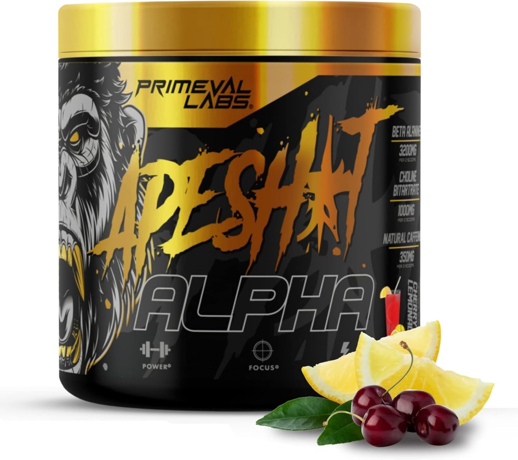 Primeval Labs Ape Alpha Natural Pre Workout for Men and Women | Art Endurance and Focus | 350 mg Caffeine Toz | Beta-Alanine |L citrulline | Nitrik Membran | Cherry Lemonade, 40 Hizmet