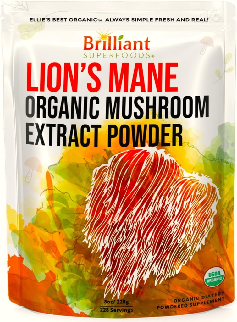 Ellie'nin En İyi Aslanları Mane Mushroom Extract Toz Supplement Organik 228 Hizmet - En Yüksek Potency için Çift Taklit - Kahvede Ayrılma, Çay, Su vs. 8oz