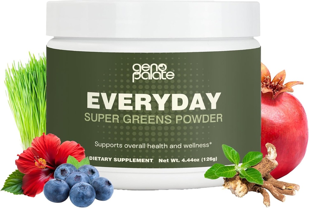 GenoPalate Everyday Super Greens, Plant-Based Nutrients with Barley Grass, Spirulina, Turmeric & Probiotics, Supports Energy, Digestion, Antioxidants & Stress, Vegan, Gluten-Free, Non-GMO, 30 Servings