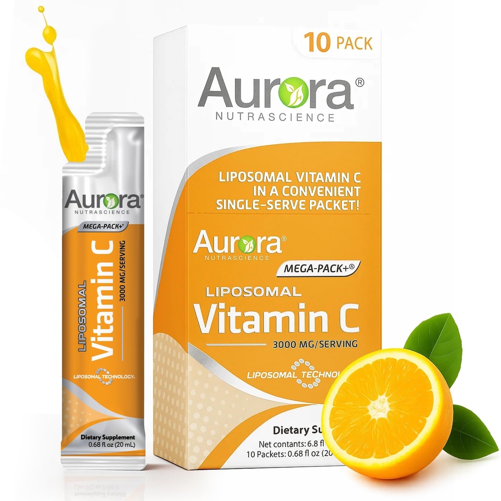 Aurora Nutrascience Liposomal Liquid Vitamin C - Healthy Immune Support Supplement for Adults, Sugar Free, 3000 mg per Serving, Vegan, Gluten Free, Non-GMO - 10 Single Serve Packets, Orange