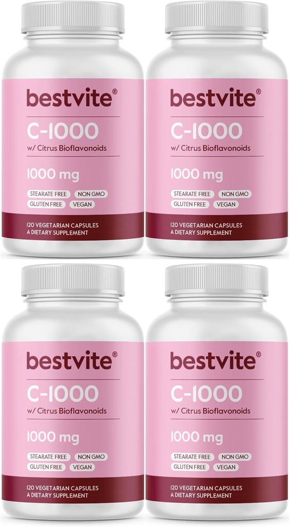 BESTVITE Vitamin C 1000mg (480 Vegetarian Capsules) (120 x 4) with Citrus Bioflavinoids - No Stearates - Vegan - Non GMO - Gluten Free