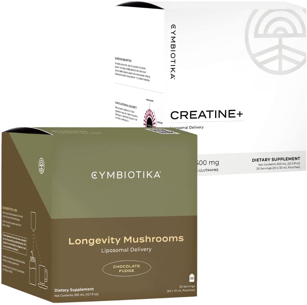 CYMBIOTIKA Liposomal Mushroom Supplement & Kretine+ Sche, Lion's Mane, Türkiye Tail, B-Vitamins, Cordyceps & Reishi Mushrooms, Bolt Energy, Recovery, & Muscle Mass