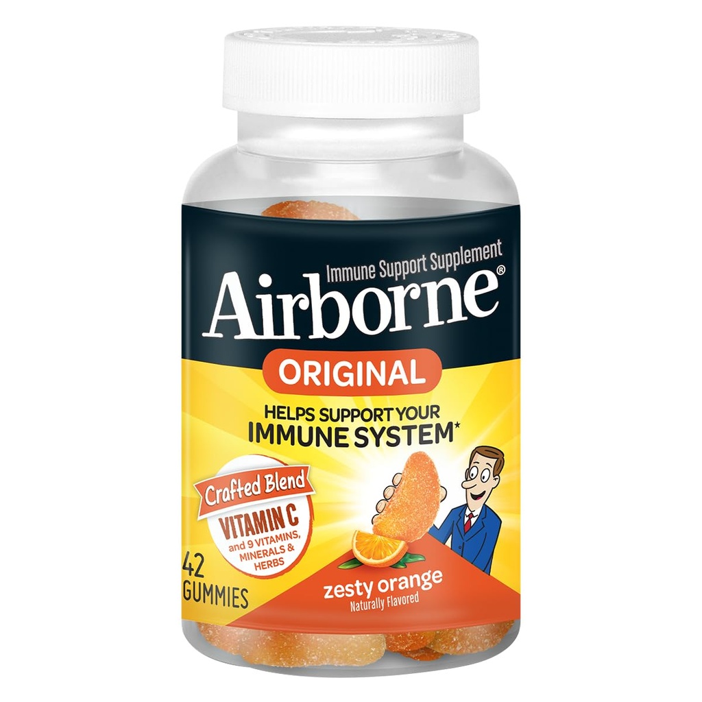 Airborne Immune Support Gummies, Zesty Orange Flavor, 42 ct - 750 mg Vitamin C + Vitamins A, D & E + Zinc, Selenium, and Manganese | with Herbal Blend | Naturally Flavored