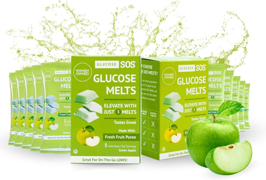 Glucose SOS Melts Dextrose Toz Doğal Meyve Safe Sugar, Glucose Tabs, Sports Supplement, Fast Acting Tabletleri 10 Bireysel 15g Yeşil Apple ile Yapıyor