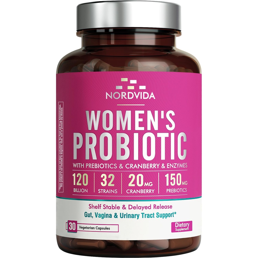 Women's Probiyotik, 120 Milyar ve 32 Strains with Cranberry, Prebiyotiks & Digestive Enzymes, Gut, Vaginal & Urinary Tract Support, 30 Gecikmeli Yayın Kapsülleri