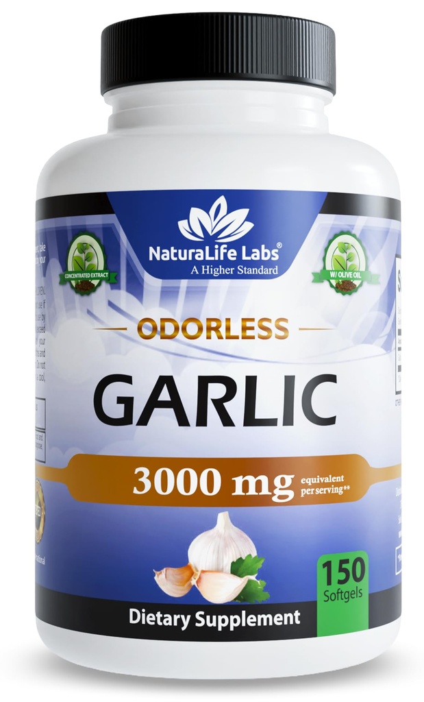 NaturaLife Labs Odorless Garlic - hizmet başına 3.000 mg Eşdeğer - 150 Softgels - Organik Ekstra Virgin Zeytinyağı ile Yoğun s.