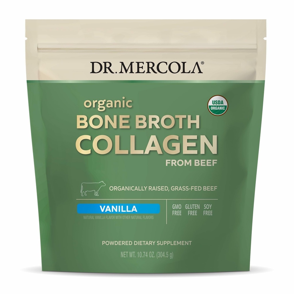 Dr. Mercola Organic Bone Broth Collagen Powder - Supports Bone Health & Muscle Growth - USDA Organic, Non-GMO, Gluten-Free & Dairy-Free - 30 Servings - Vanilla Flavor