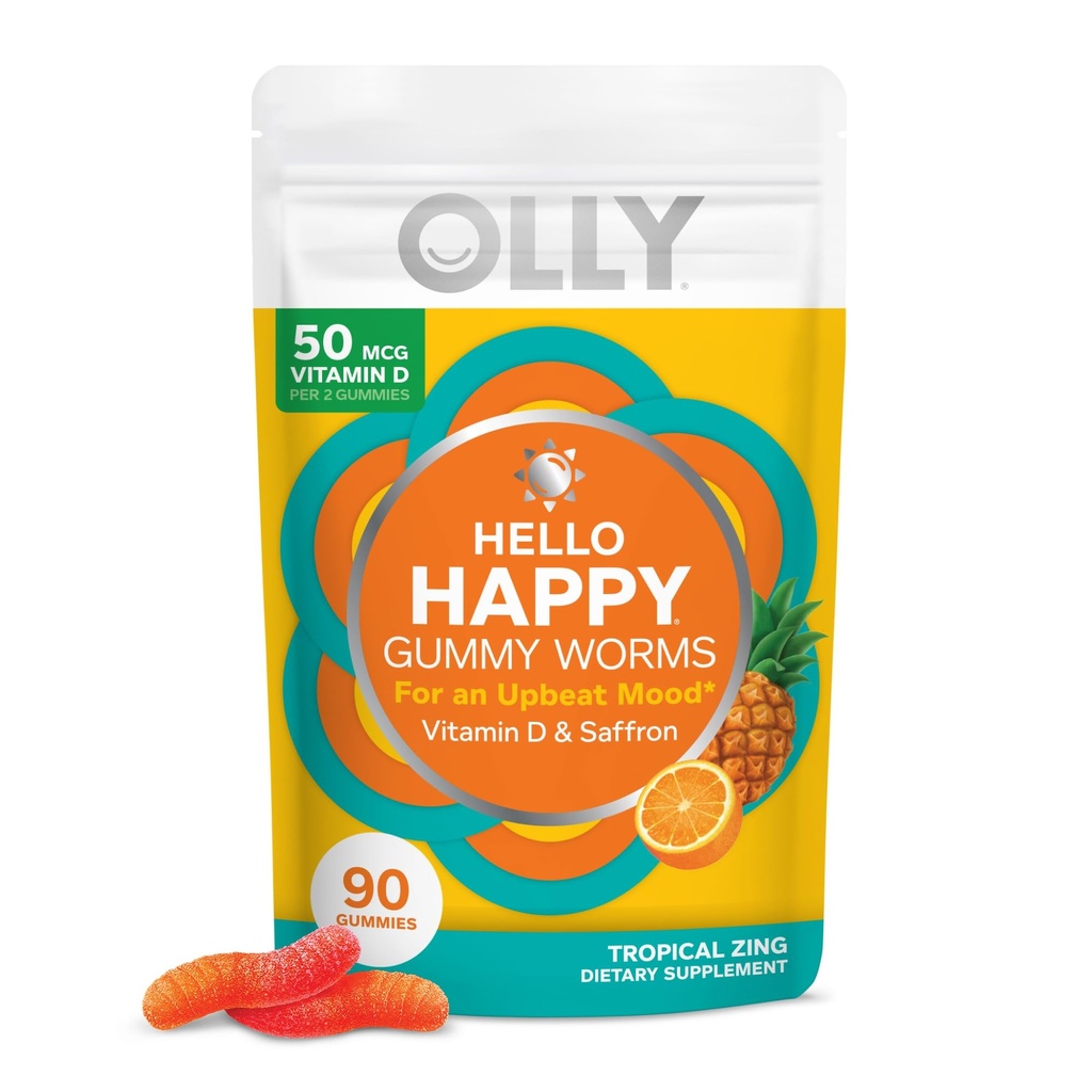 OLLY Hello Happy Gummy Worms, Mood Balance Support, Vitamin D, Saffron, Adult Chewable Supplement, Gluten Free, Tropikal Zing - 90