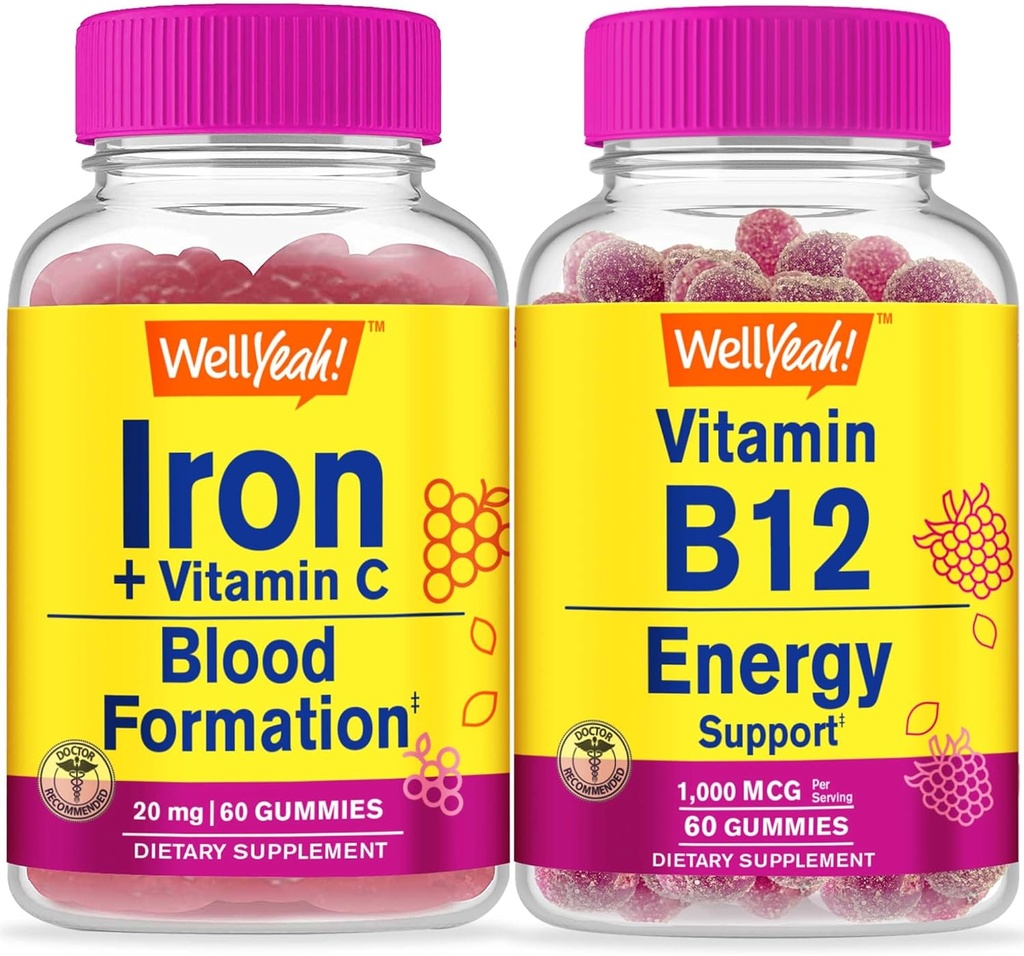 Evet Demir+Vitamin C + Vitamin B12 1000mcg, Gummies Sche - Great Tasting, Vitamin Supplement, Gluten Free, GMO Free, Chewable Gummy