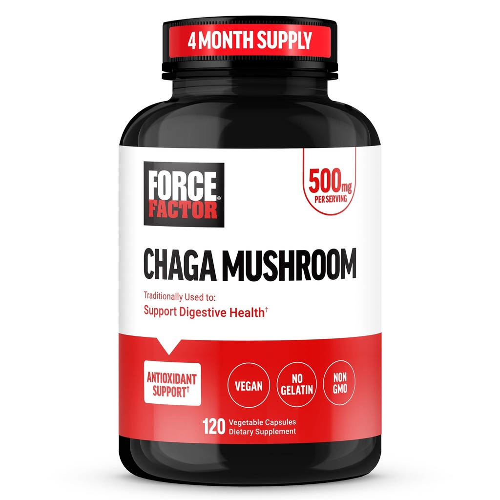 FORCE FACTOR Chaga Mushrooms Capsules, Mushroom Supplement to Support Gut Health and Digestion, Made from Real Mushrooms, Vegan, Non-GMO, 120 Capsules Capsules Capsules