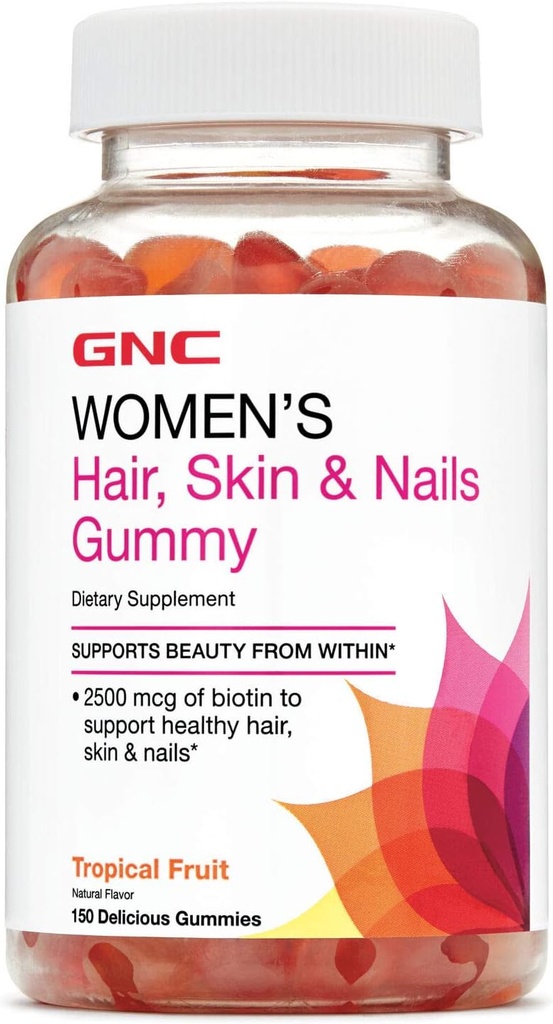GNC Women's Hair, Skin & Nails Gummy - Tropical Fruit, 150 Gummies, Contains Biotin for Strong and Healthy Hair, Skin and Nails