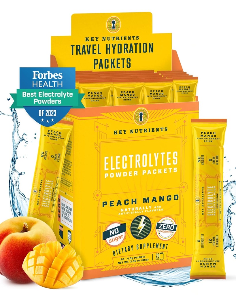 KEY NUTRIENTS Electrolytes Toz Paketleri - Tropikal Peach 20 Pack Hydration Packets - Travel Hydration Toz - No Sugar, No Calories, Gluten Free - Made in USA