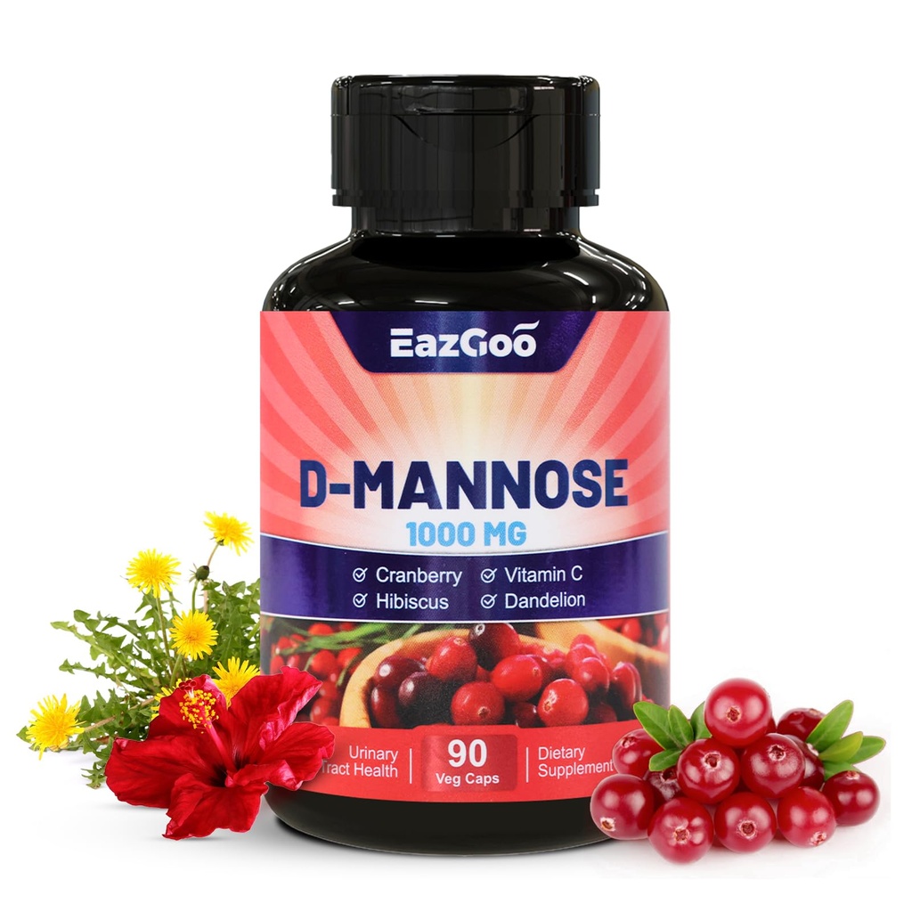 D-Mannose Supplement - Cranberry ile 1000 mg Capsules, C, Hibiscus & Dandelion Ekstraksiyon, Destek Urinary Health, D Mannose & Cranberry Capsules, 90 Count Capsules