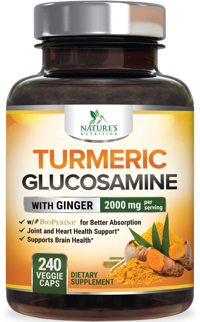 Turmeric Curcumin Supplement 2000 mg -% 95 Curcuminoids with Glucosamine, Ginger & MSM, BioPerine Black Pepper for Best Abors, Nature's Vegan Ortak Destek, Non-GMO, Şişed in USA - 240 Capsules