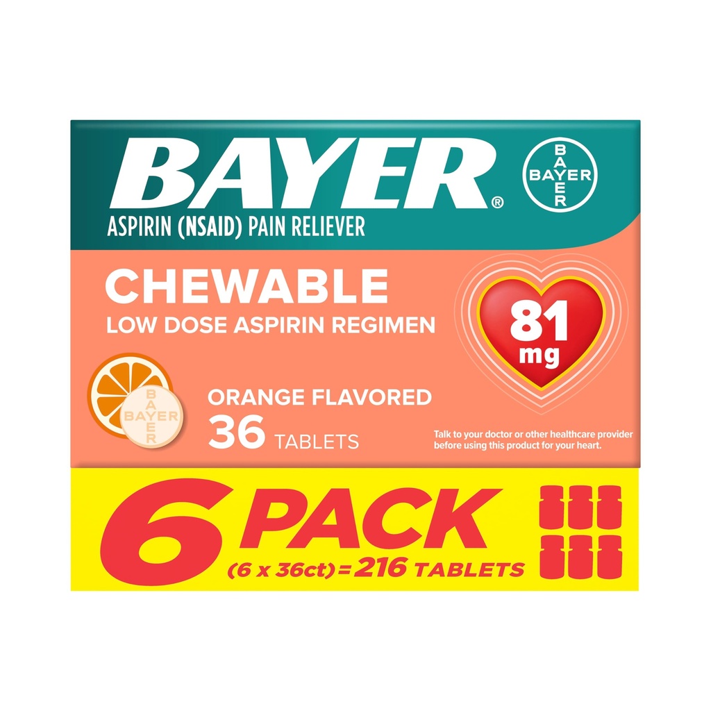Bayer aspirin Low Dose 81 mg Chewable Tabletler, Pain Reliever, Orange Flavored, 216 Tablet (6 Pack)