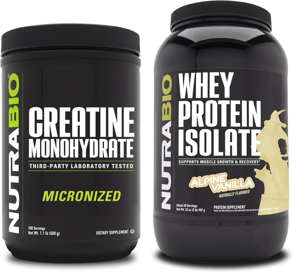 NutraBio Kretine Monohidrat, Unflavored, 500g ve Whey Protein Isolate, Alp Vanilla, Supplement Sche - Muscle Energy, Lean Muscle growth, Recovery, and Strength