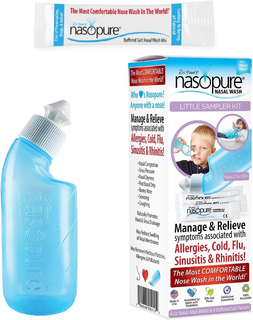Nasopure Nasal Wash, Little Sampler Kit, “The Nicer Neti Pot” Sinus Wash Kit, Comfortable Nasal Rinse 4 Oz Bottle & 4 Salt Packets (3.75 Gr Each), Nasal Congestion, Cold, Allergy, Nasal Irrigation