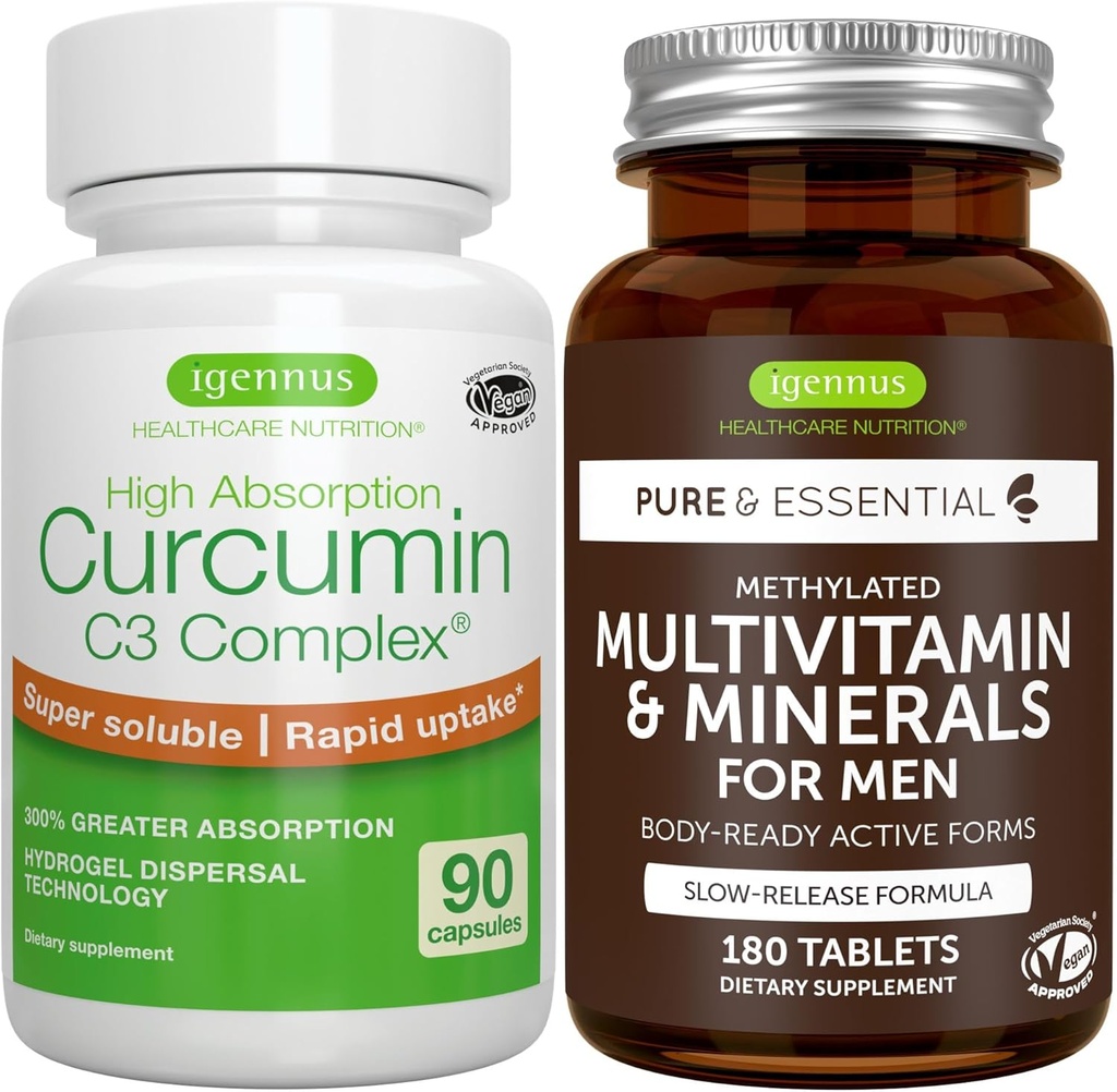 Erkekler için Multivitamin & Minerals + High Abxia Curcumin C3 Kompleksi, Vegan Sche, Sustained release Advanced Multivitamin + 300 Greater Abxia Curcuminoids with Rapid Uptake, by Igennus
