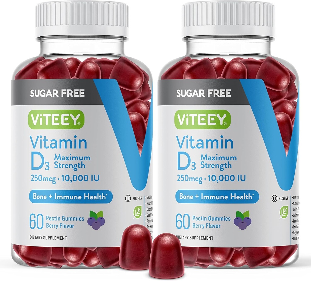 Yetişkinler ve gençler için Viteey Vitamin D3 Gummies - 10.000 IU, 25006, maksimum Güçlü - Şeker Ücretsiz, Bone, Joint & Muscle Health, Immune Boost - Vegetarian, Gelatin Free - Tasty Chewable Berry Flavored