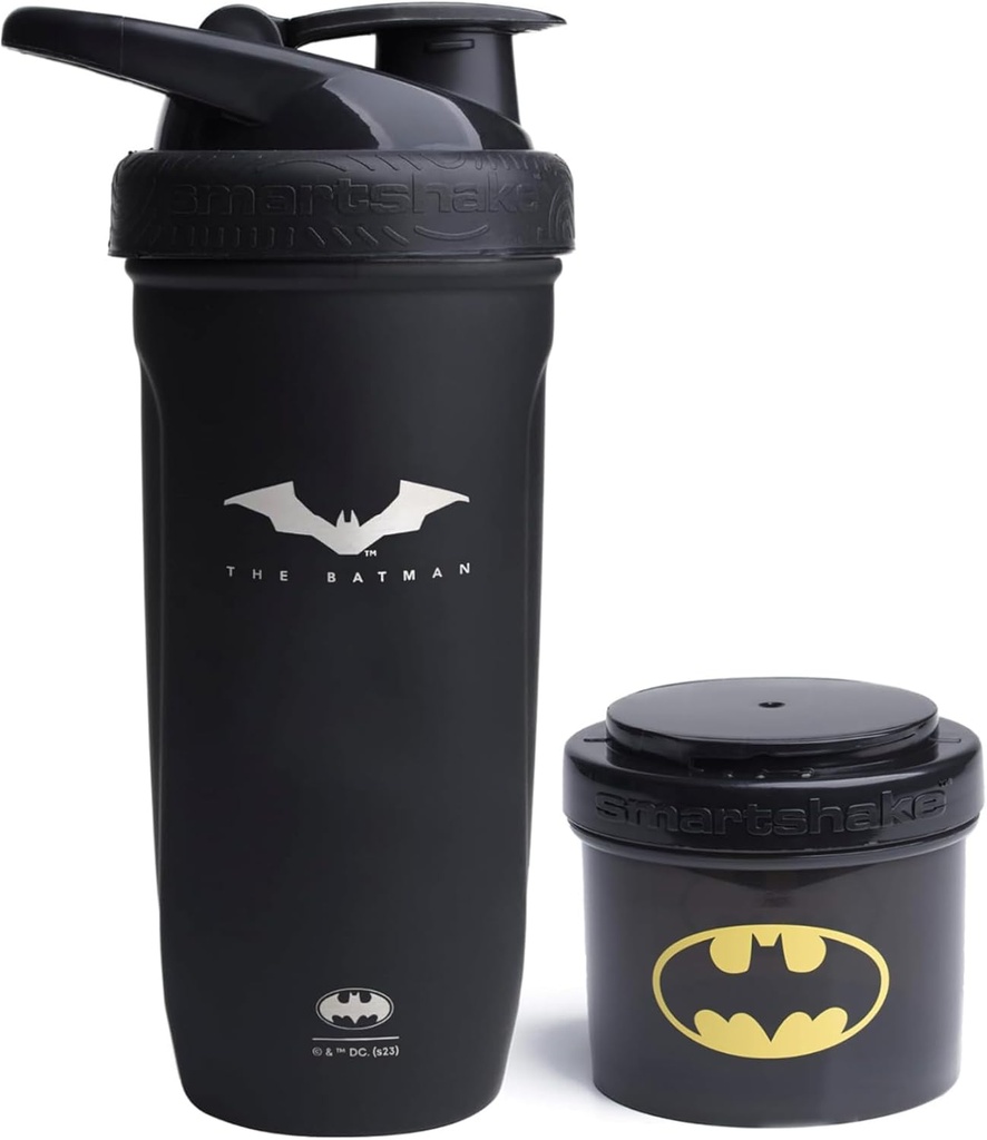 Smartshake DC Comic Sche - Batman Protein Shaker Şişe - 900 ml Leakproof Paslanmaz Çelik Shaker Şişe ile 200 ml Protein Toz Depolama Konteyner Şişe
