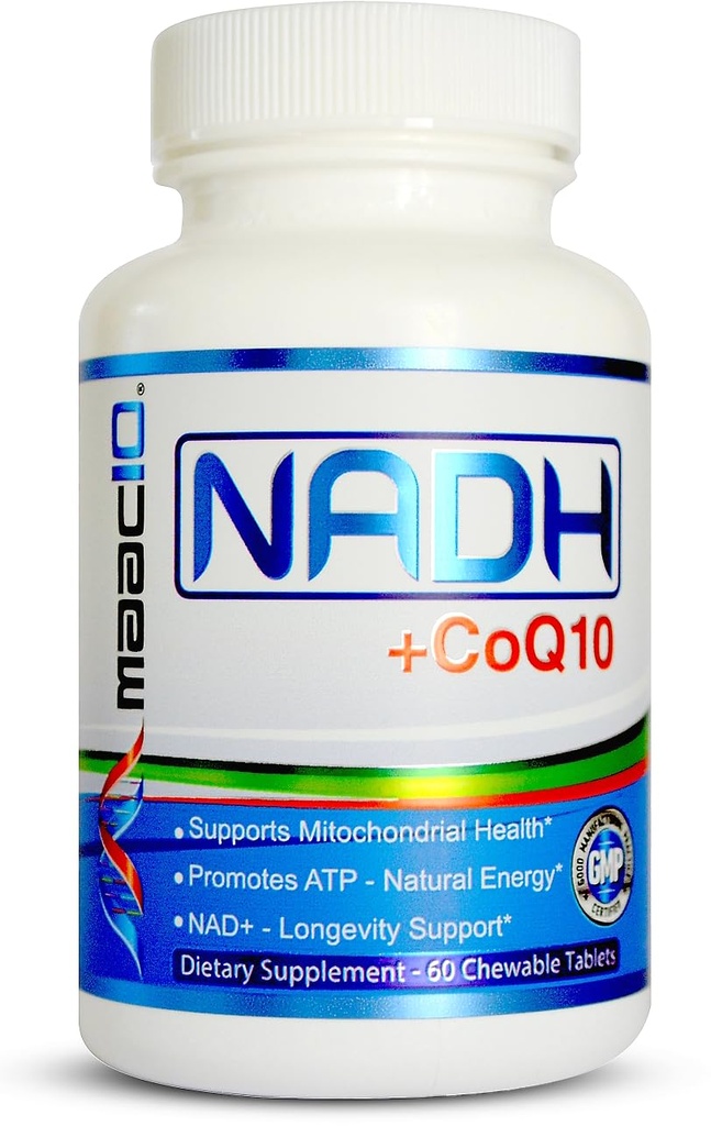 MAAC10 NADH + CoQ10 Supplement | Great Tasting Chewable Tabletler | 50 mg PanoMOL® NADH + 100 mg CoQ10 | For Fatigue, Energy and mental Focus | NAD+ Supplement (60 Tabletler 2 başına)