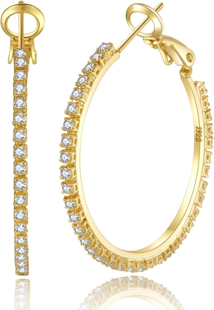 PABBEU 2mm 925 Sterling Silver Earrings Big Sterling Silver Hoop Earrings for Women Large Renstone Hoop Earrings İnce Hipoallergenic Cubic Zirconia Earrings for Women 30/40/50 / 70mm