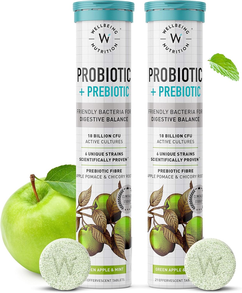 WELLBEING NUTRITION Daily Probiotic + Prebiotic| Plant Based |18 Billion CFU, 6 Strains for Men & Women with Organic Prebiotic Fiber for Digestion, Gut Health, Metabolism | 42 Effervescent Tabs