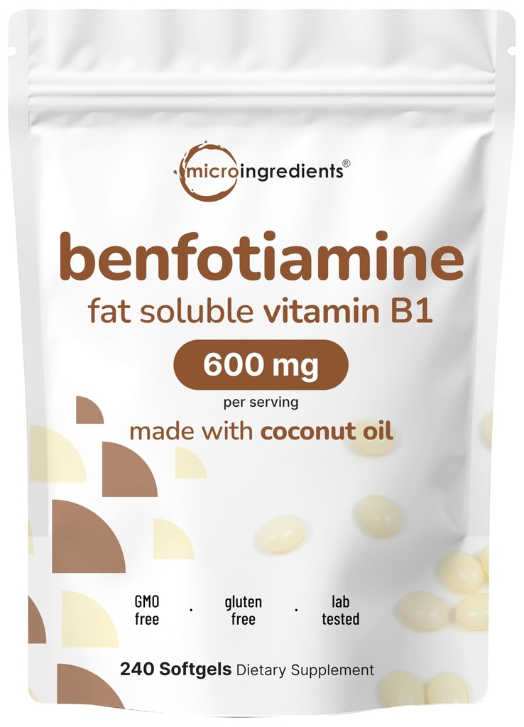 Mikro Malzemeler B1 Benfotimin 600 mg Oda başına, 240 Coconut Yağ Yumuşakgels | Bio available Bs Supplement, Active Thiamine | Non-GMO, Soy Free Thiamine | Non-GMO, Soy Free