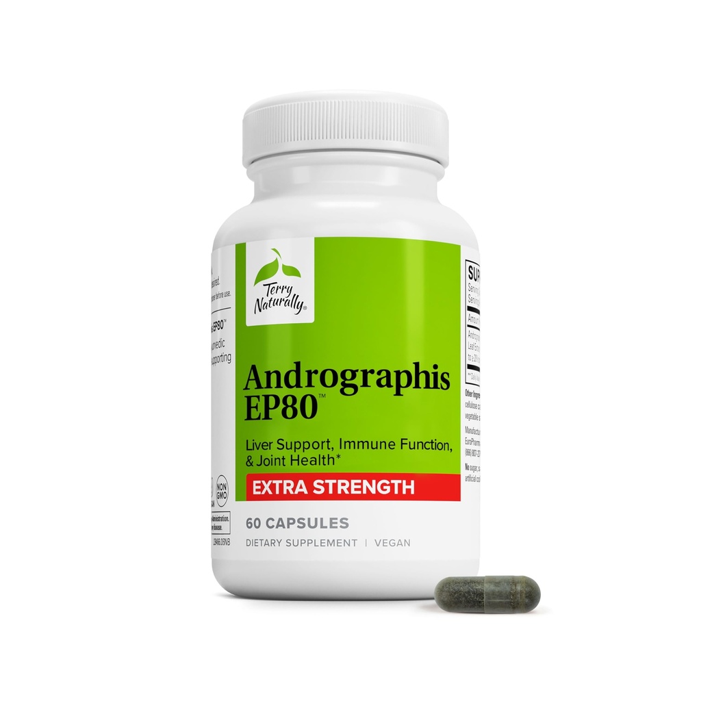 Terry Natural Andrographis EP80 Ekstra Kuvvet - Beyin Sağlığı ve Immune Desteği - Enerji ve Canlı Destek için Ortak Sağlık Supplement - Vegan Adaptogen Supplement - 60 Capsules