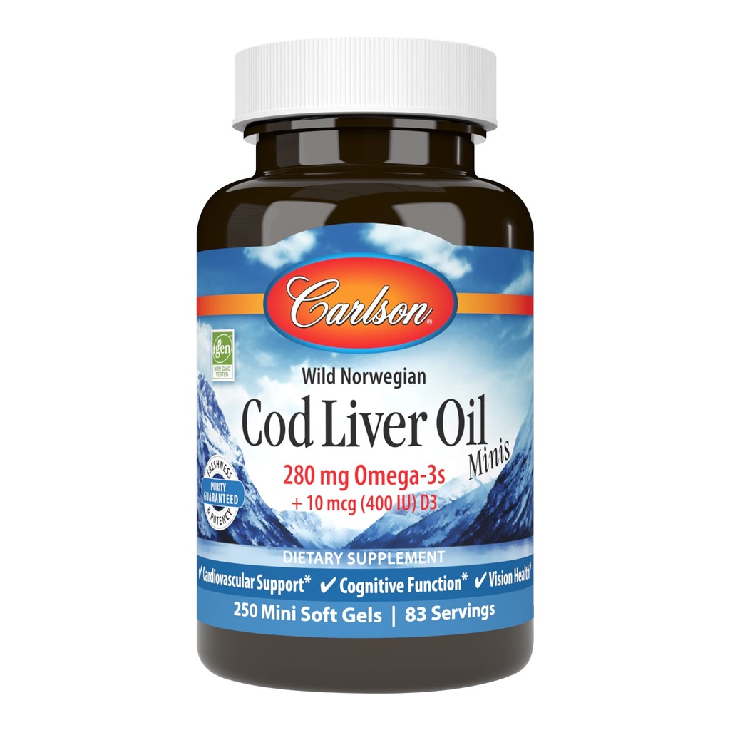 Carlson - Cod Liver Oil Minis, 280 mg Omega-3s + Vitamins A & D3, Kalp Desteği ve Bilişsel Fonksiyonl, Vizyon Sağlık, 250 Mini Yumuşak Gels