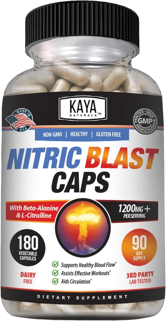 Kaya Naturals - Nitric Blast Potent All-Doğal Herbal Supplement for maximum Health Faydaları | Pre-Workout | Artan Enerji | Improv Nighttime Performansı (180 Kont)