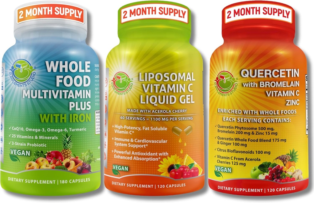 Immune, Enerji ve Kapsamlı Multi-Sistem Desteği Trio - Liposomal Vitamin C 1100 mg Sıvı Gel + Quercetin with Bromelain, çinko & C + Daily Multivitamin with Iron – Non-GMO, Clean Label