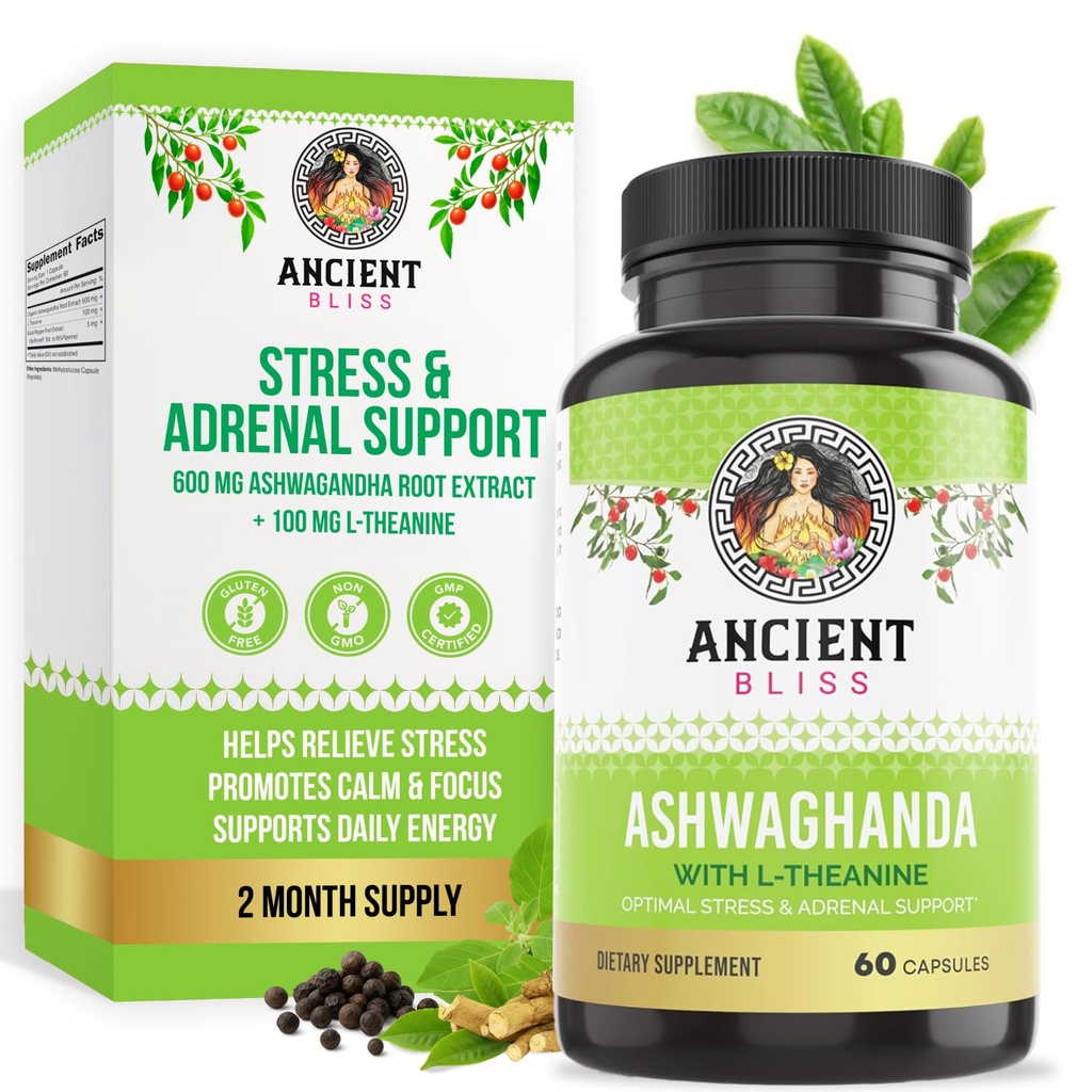 Antik Bliss Ashwagandha ile L-Theanine & Black Pepper Extract Capsules, Energy & Natural Mood Support Supplement, Focus Supplement for Yetişkinler