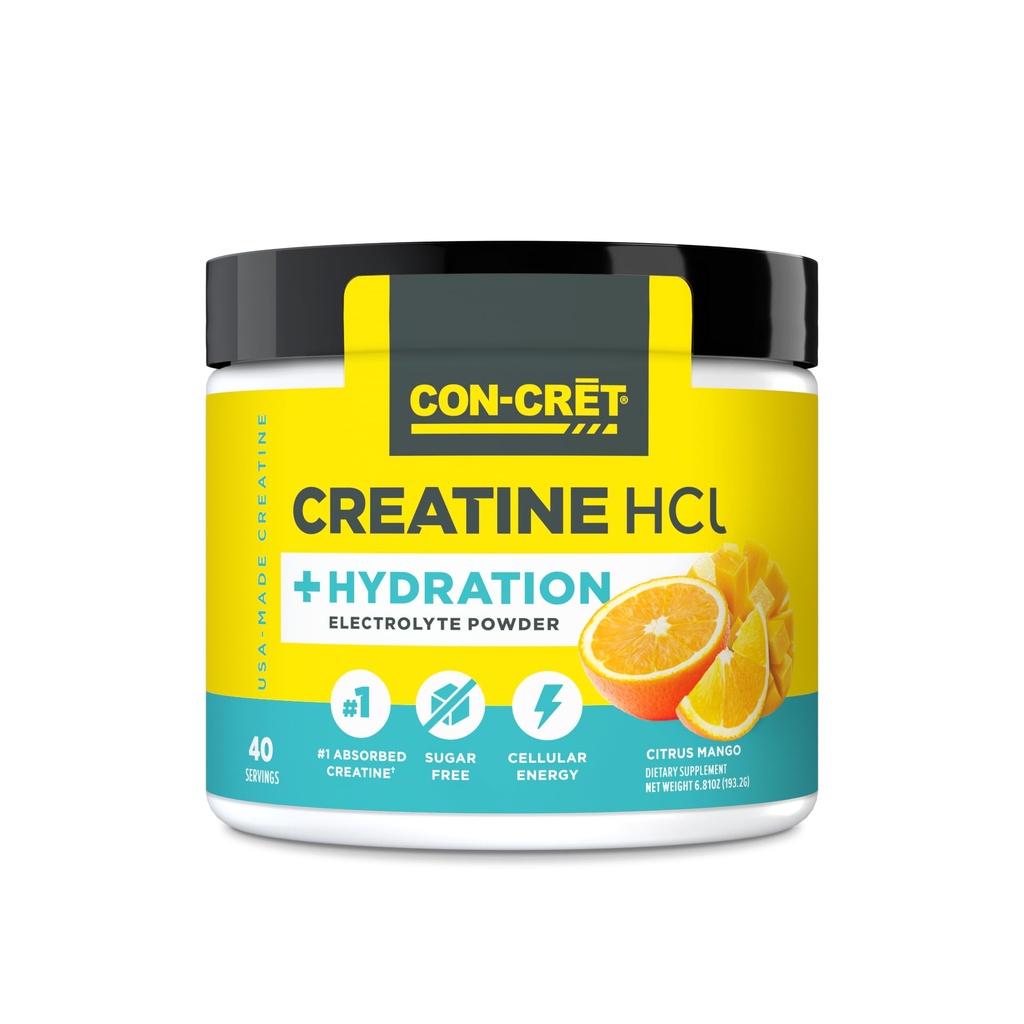 CON-CRET Tinatine HCl + Hydration | Elektrolyte Toz Tub | Citrus Mango | Sugar Free Electrolytes | Rehidr Formül w Pyum, sodyum, çinko, Magnezyum to Hydrate & Recover (40 serv)