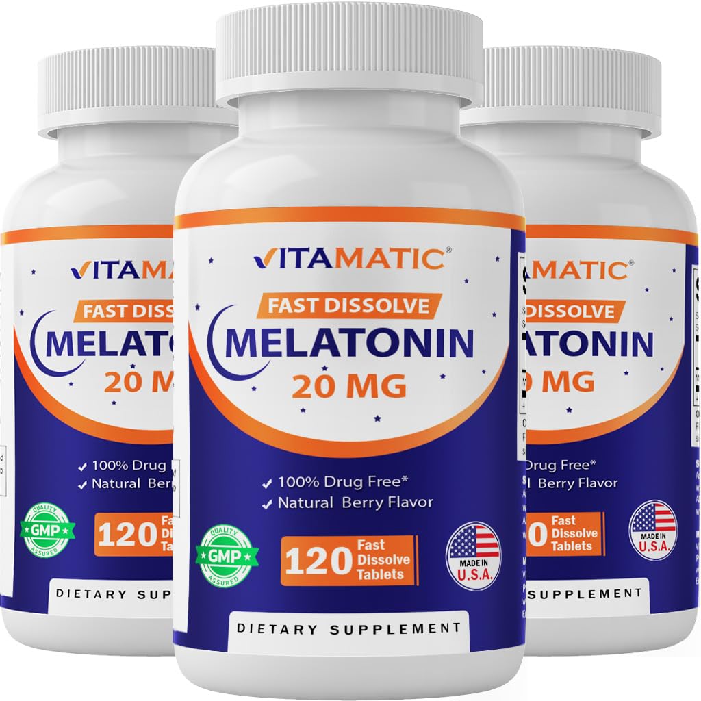 Vitamatic Melatonin 20 mg Tabletleri | Vejetaryen, Non-GMO, Gluten Free | Yüksek Potency 20 MG | Natural Berry Flavor (1/2 Tabletler = Melatonin 10 mg) (120 Count (Pack of 3))