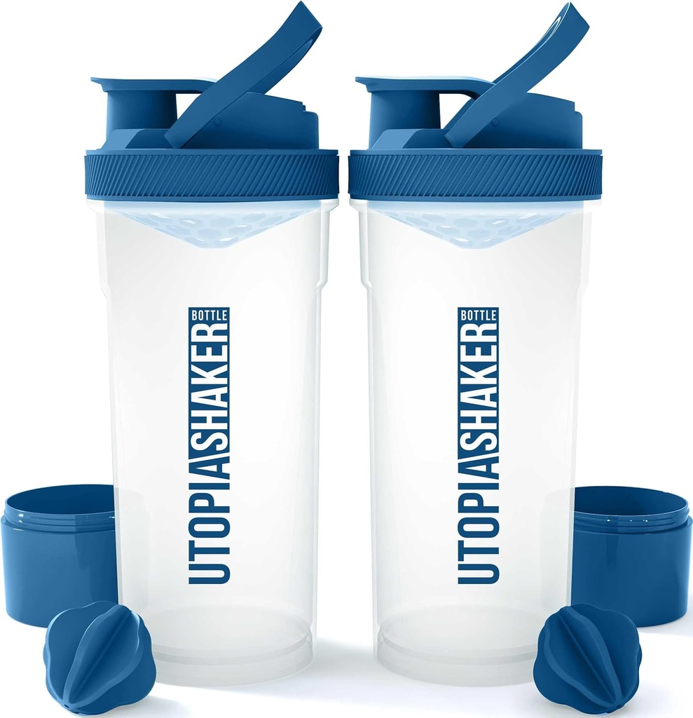 Utopia Home Shaker Şişe 2 Pack - 24 Ounce Plastik Protein veya Cocktail Shaker Şişe for Pre & Post egzersiz için Twist & Lock Protein Box Storage (Clear/Navy)