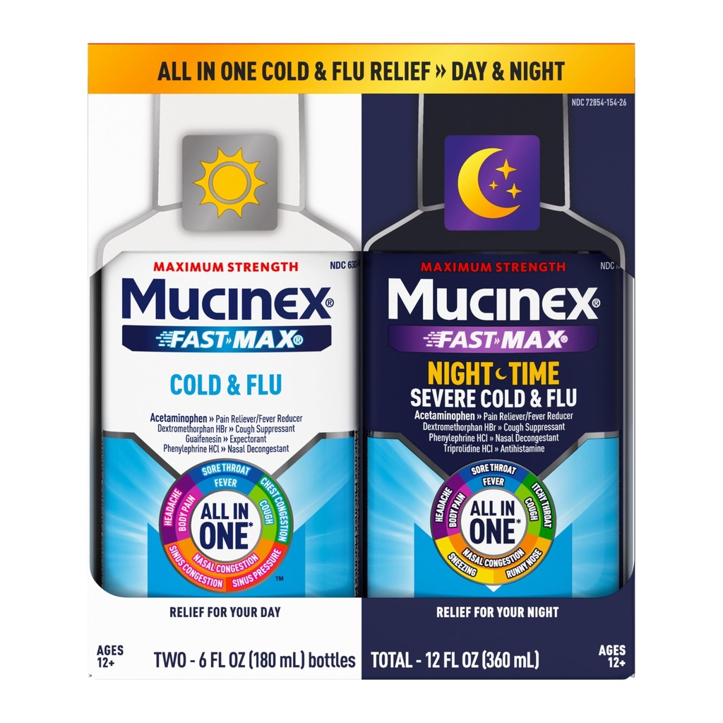 Mucinex Fast-Max Cold and Flu & Nightchange Medicine for Yetişkinler, Over-Counter Drug Combo Pack for Sore Throat Relief, Decongestant, Cough & Cold Medicine (2 x 6 Fl Oz)
