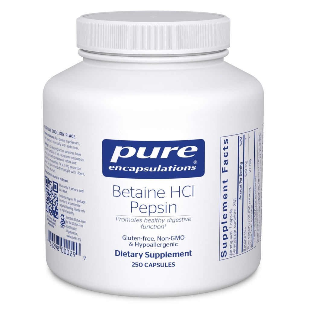 Pure Encapsulations Betaine HCl Pepsin - Digestive Enzymes Supplement for Digestion Aid & Support, Stomach Acid & Nutrient Absorption* - with Betaine HCl Pepsin - 250 Capsules