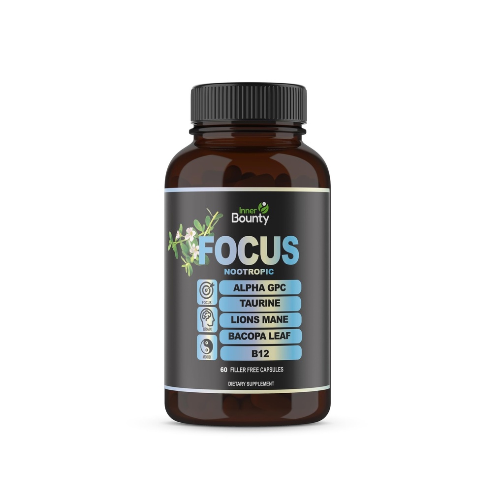 Focus 14-in-1 Nootropic Brain Supplement with Lions Mane, Alfa GPC Choline, C & B12, Taurin, Bacopa - Enerji, Bilişsel, Hafıza Desteği, 60 Filler Free Capsules
