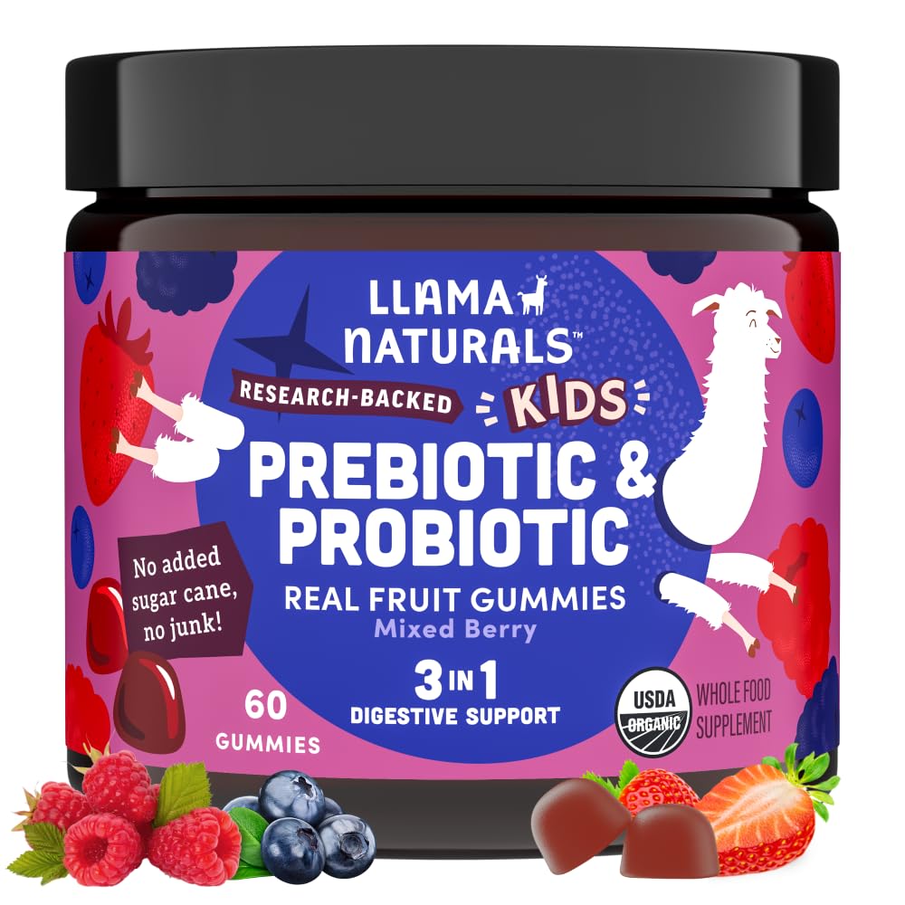 Llama Naturals Kids Probiyotik with Prebiyotik Fiber, Vegan, Organik Prebiyotiks and Probiyotiks Gummies for Gut Health Support, Toddler Real Fruit Gummy Vitamins, NoEDIT Sugar Cane, Karma Berry, 60 Ct