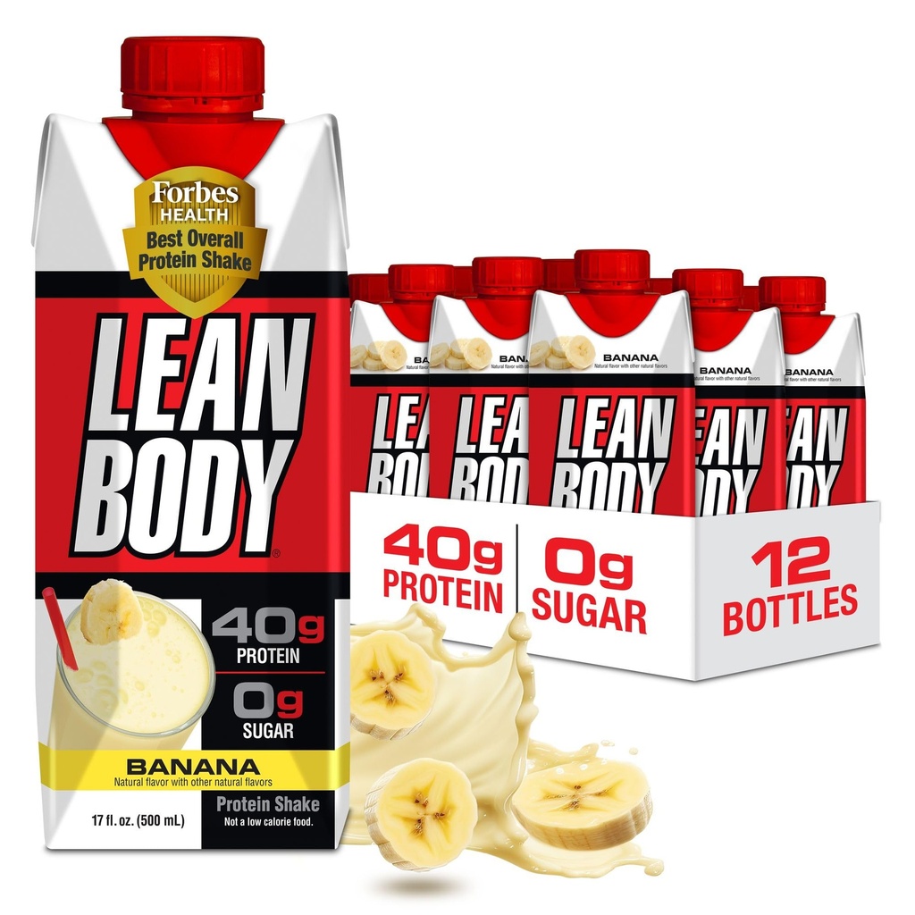 Lean Body Ready-to-Drink Banana protein Shake, 40g protein, Whey Mix, 0 Sugar, Gluten Free, 22 Vitamins & Minerals, 17 Ounce (Recyclable Mirror & Lid - 12 Paket) LABRADA