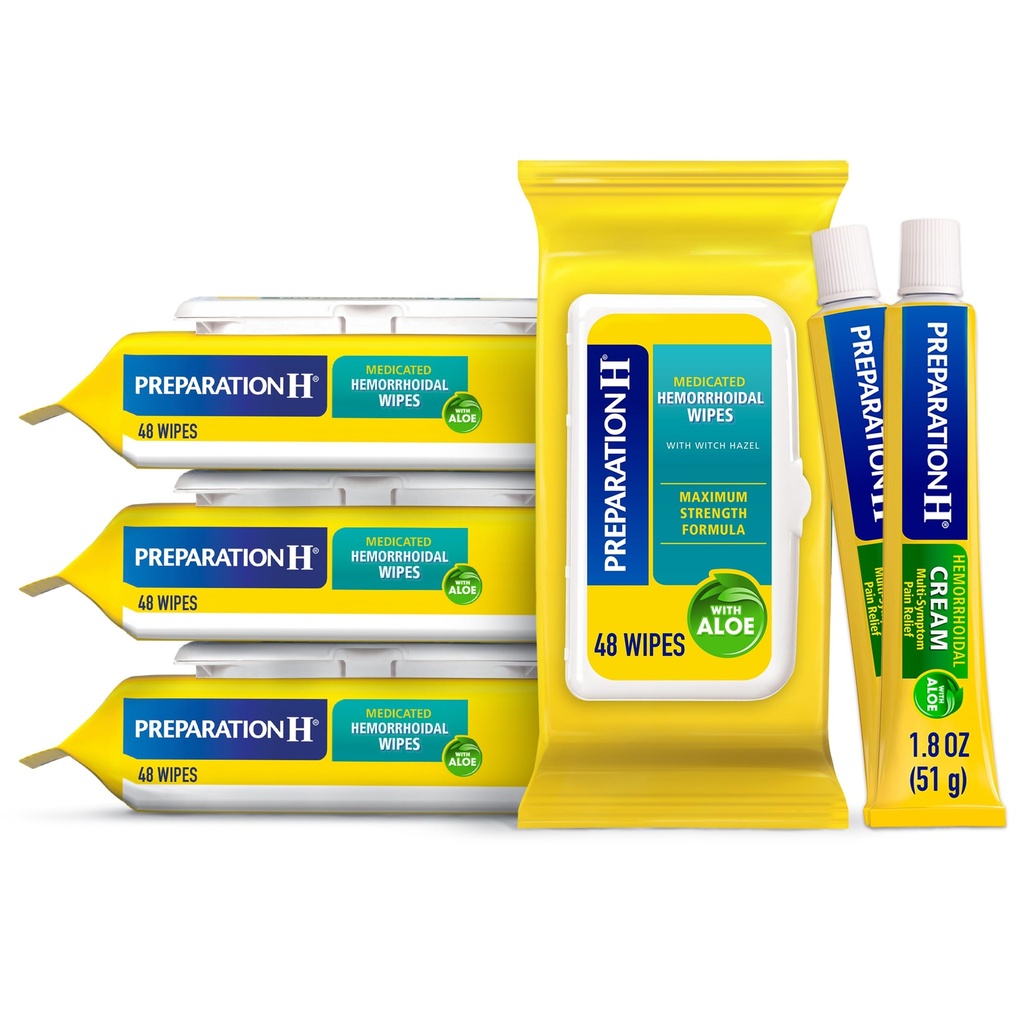 H Hemorrhoid Wipes with Witch Hazel, 192 Ct Plus Hazırlık H Hemorrhoid Symptom Treatment Cream, 2 Tubes x 1.8 oz, Wipe Plus Better Relief, Hemorrhoid Care (1994)