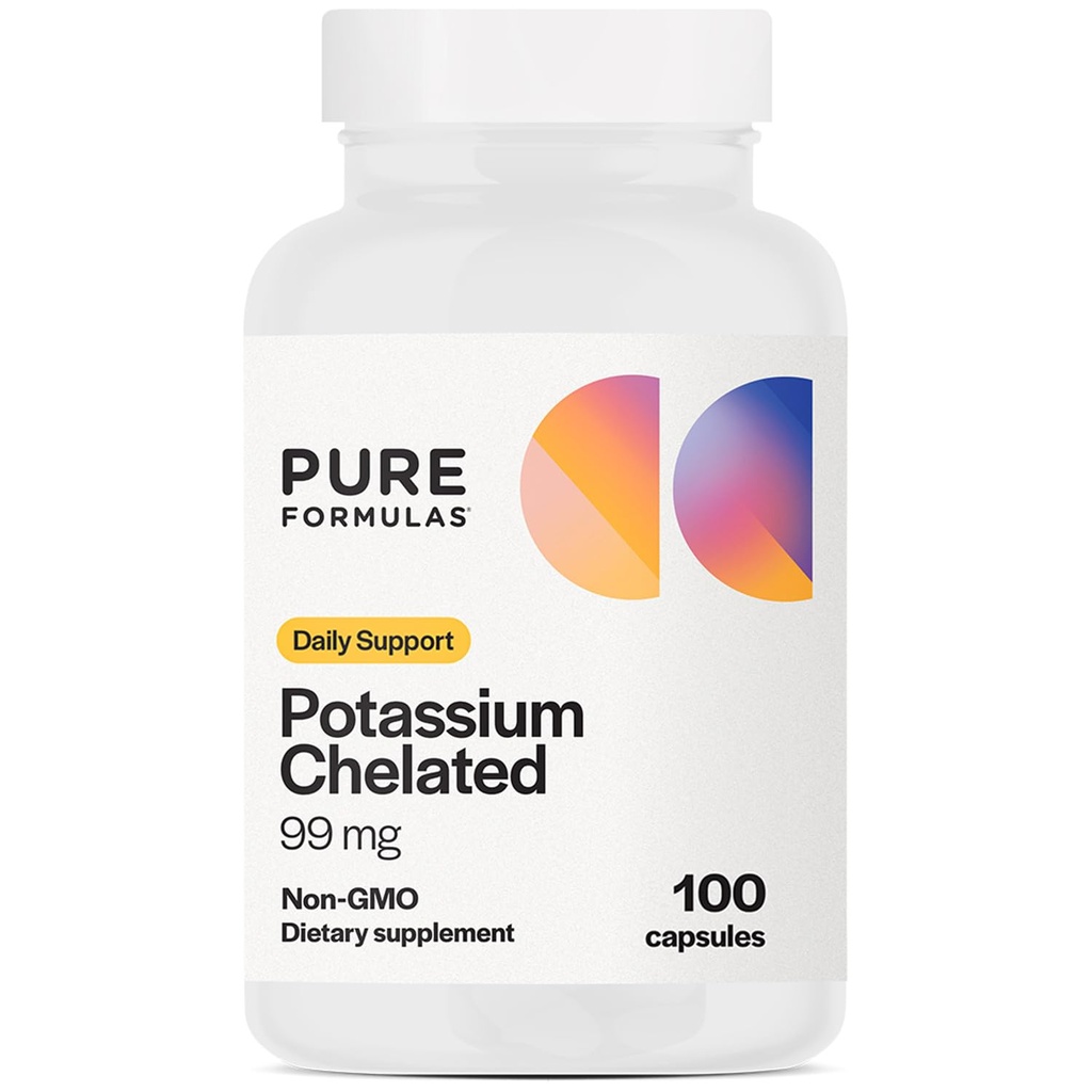 PureFormulas Potassium Supplement Chelated 99 mg Highly Absorbable Pure Potassium Formula for Energy, Nerve, Muscle, Kidney, Heart, and Skeletal Support, Non-GMO - 100 Vegetarian Capsules