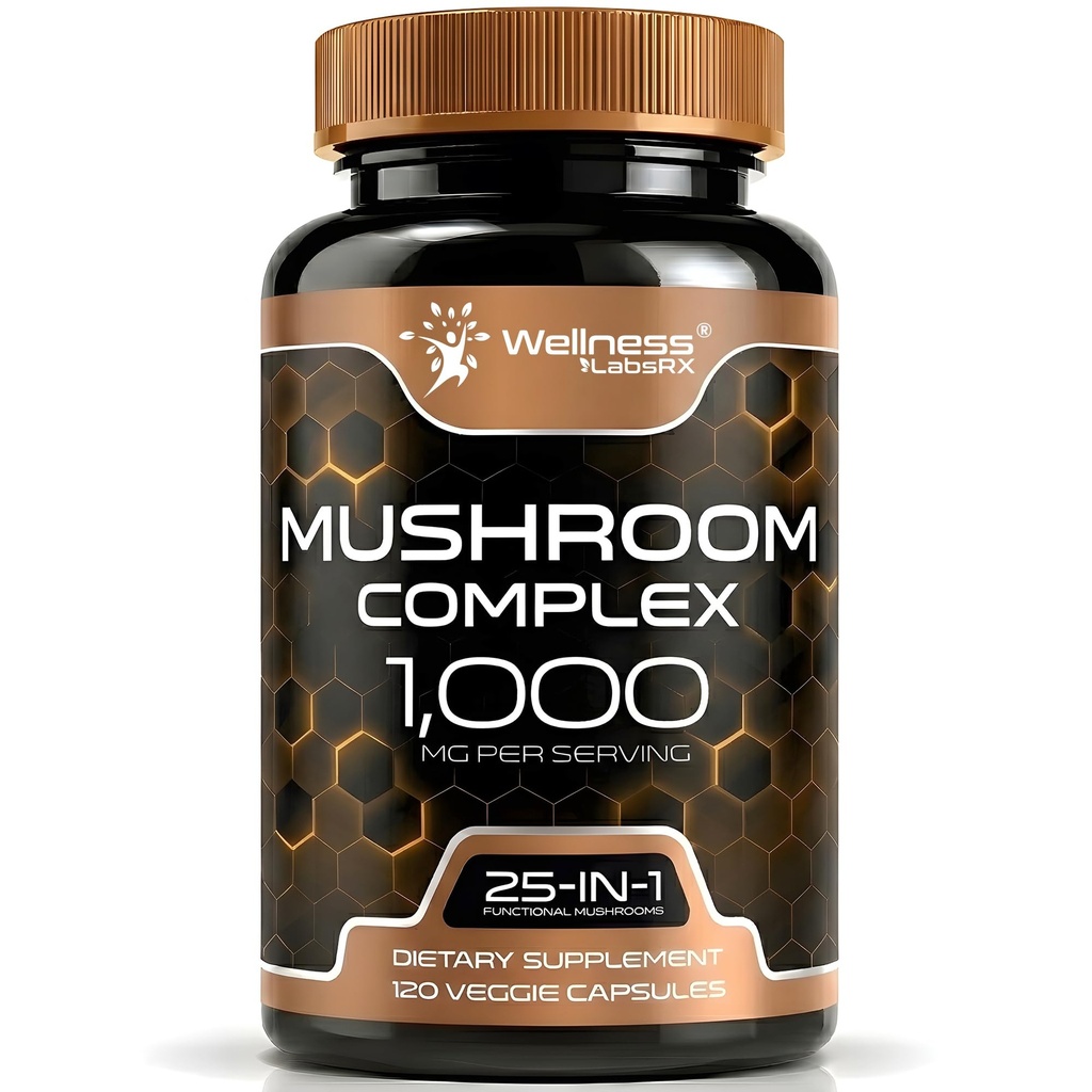 WELLNESS LABSRX Mushroom Supplement Capsules 10:1 Ekstraksiyon, Mushroom Complex Capsules 1000 mg, Lions Mane Supplement with Turkey Tail, Cordyceps, Reishi - Count 120