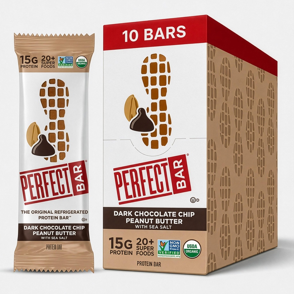 Mükemmel Bar, Dark Chocolate Chip Peanut Butter Protein Bar, Yüksek Protein, Organik, Gluten Free, Soy Free, Non GMO, No Sugar Alkols, 2.3 Ounce Bar, 10 Count